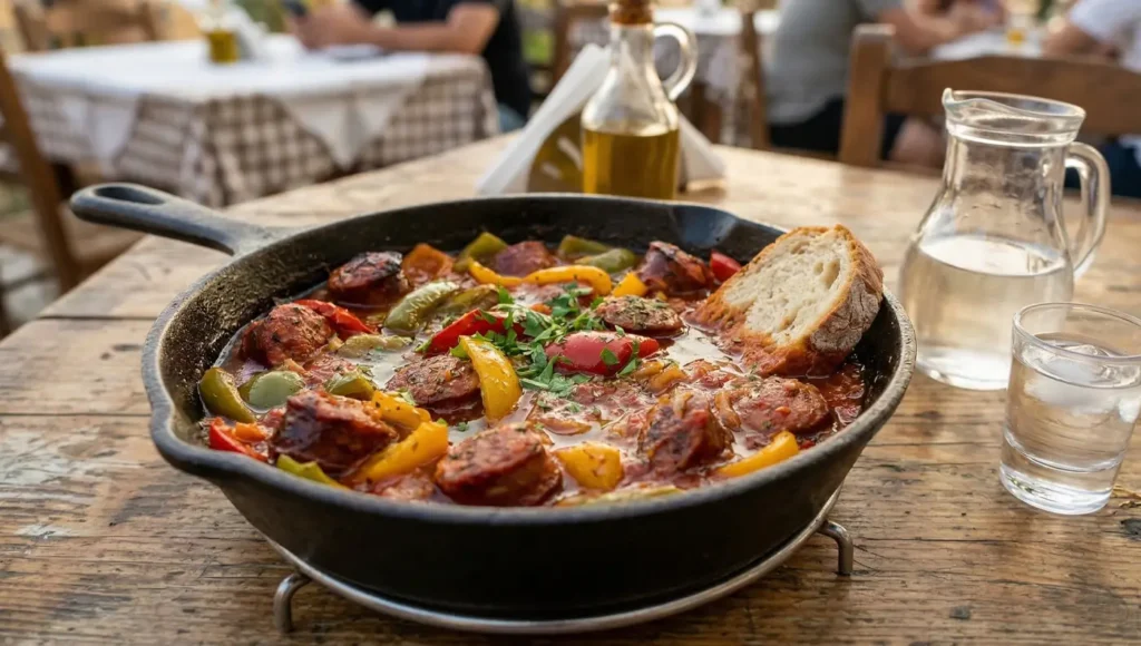 Ζεστό πηλιορείτικο σπετζοφάι στο τηγάνι με χωριάτικο λουκάνικο, πολύχρωμες πιπεριές και κόκκινη σάλτσα.