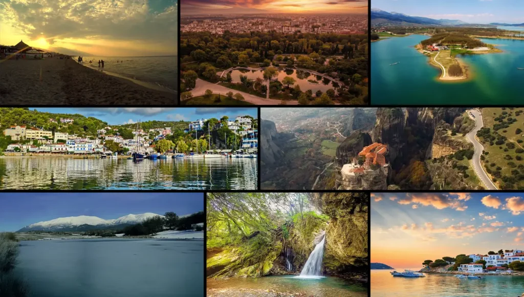 Τοποθεσίες της Θεσσαλίας από ψηλά, αναδεικνύοντας την ομορφιά της φύσης σε διαφορετικές εποχές του χρόνου.