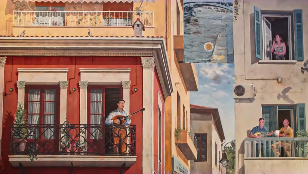 Η εντυπωσιακή 3D τοιχογραφία σε πολυκατοικία στα Μανάβικα των Τρικάλων που απεικονίζει τον Βασίλη Τσιτσάνη.