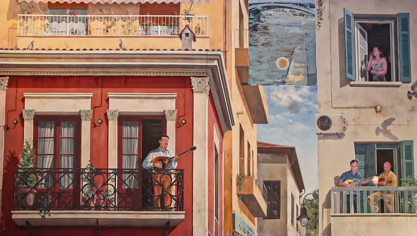 Η εντυπωσιακή 3D τοιχογραφία σε πολυκατοικία στα Μανάβικα των Τρικάλων που απεικονίζει τον Βασίλη Τσιτσάνη.