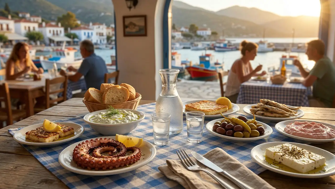 Παραδοσιακό τραπέζι σε τσιπουράδικο του Βόλου γεμάτο με καραφάκια τσίπουρου και πιατάκια με θαλασσινούς μεζέδες.