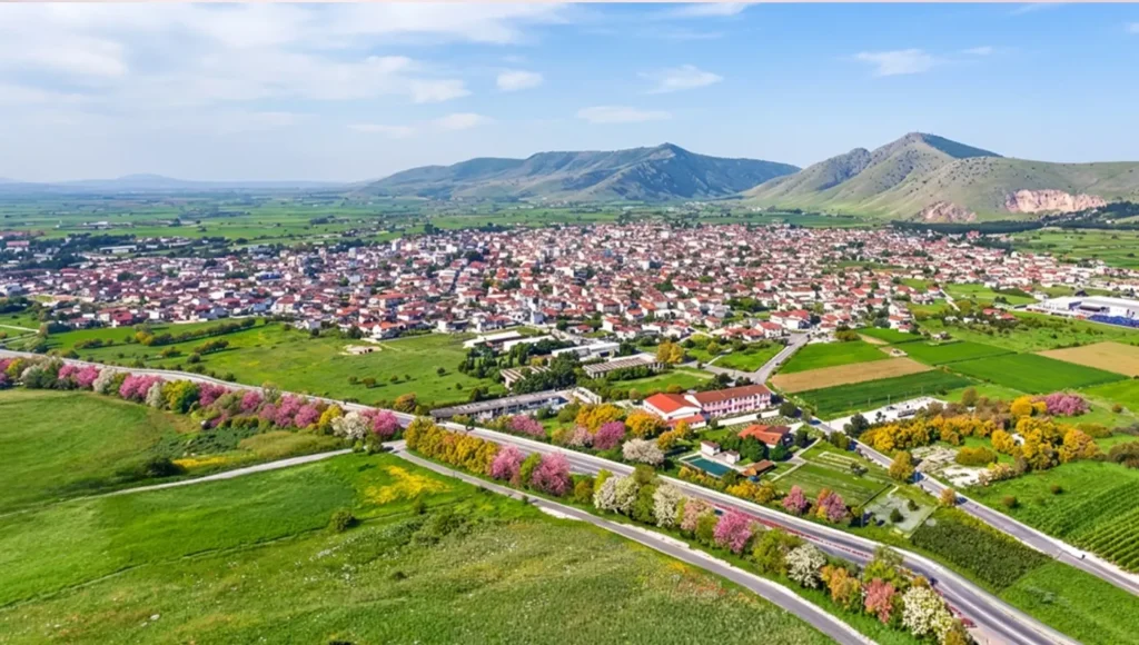 Πανοραμική, εναέρια θέα της πόλης του Τυρνάβου στον Νομό Λάρισας με τις παραδοσιακές σκεπές.