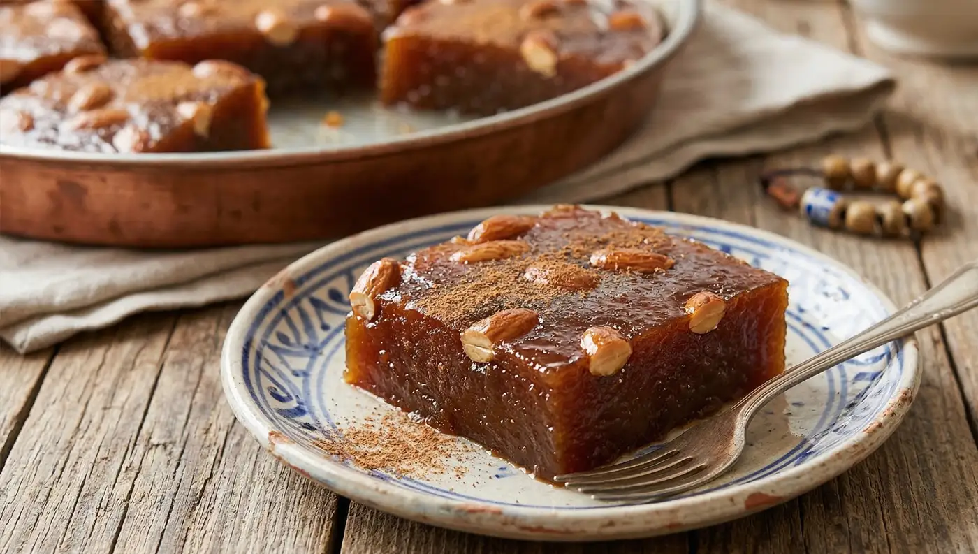 Ένα κομμάτι από παραδοσιακό Χαλβά Φαρσάλων (σαπουνέ) με καραμελωμένη κρούστα, αμύγδαλα και κανέλα.