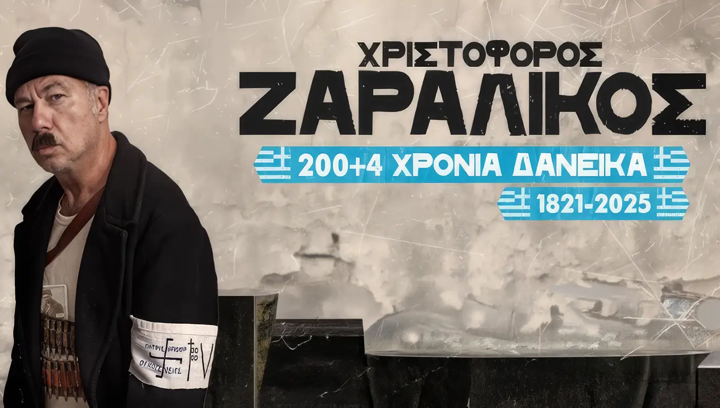 Ο Χριστόφορος Ζαραλίκος στην αφίσα της σατιρικής παράστασης 200+4 Χρόνια Δανεικά.