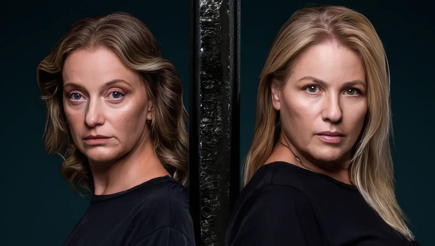 Οι ηθοποιοί Μαριάννα Τουμασάτου και Λένα Δροσάκη στην αφίσα της θεατρικής παράστασης "Κρυφτό".