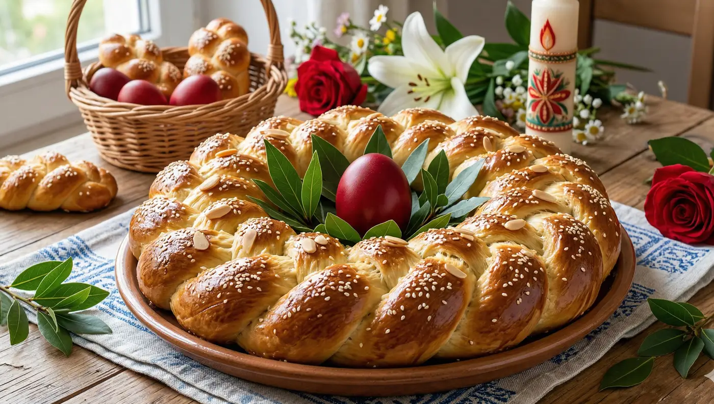 Λαχταριστό παραδοσιακό πασχαλόψωμο σε σχήμα πλεξούδας με ένα κόκκινο αυγό στο κέντρο, πλαισιωμένο από μικρά τσουρέκια.