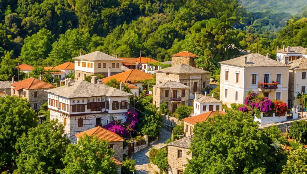 Πανοραμική θέα του παραδοσιακού χωριού Δράκεια στο Πήλιο, περικυκλωμένο από καταπράσινα δέντρα και μηλεώνες.