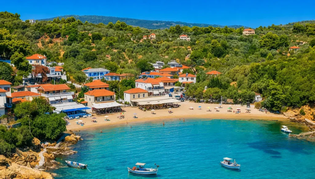 Πανοραμική εναέρια λήψη του γραφικού ψαροχωριού Κατηγιώργης στο Νότιο Πήλιο, περιτριγυρισμένο από πυκνό πευκοδάσος.