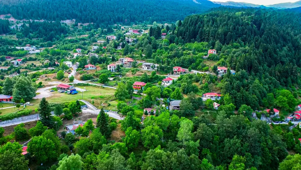 Το ορεινό χωριό Πύρρα του Νομού Τρικάλων, χτισμένο στις πλαγιές της Πίνδου, περιτριγυρισμένο από πυκνό δάσος.