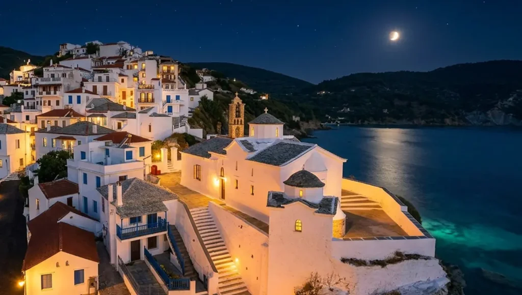 Πανοραμική θέα της Χώρας της Σκοπέλου με τα λευκά σπίτια και τις κόκκινες σκεπές χτισμένα αμφιθεατρικά γύρω από το λιμάνι.