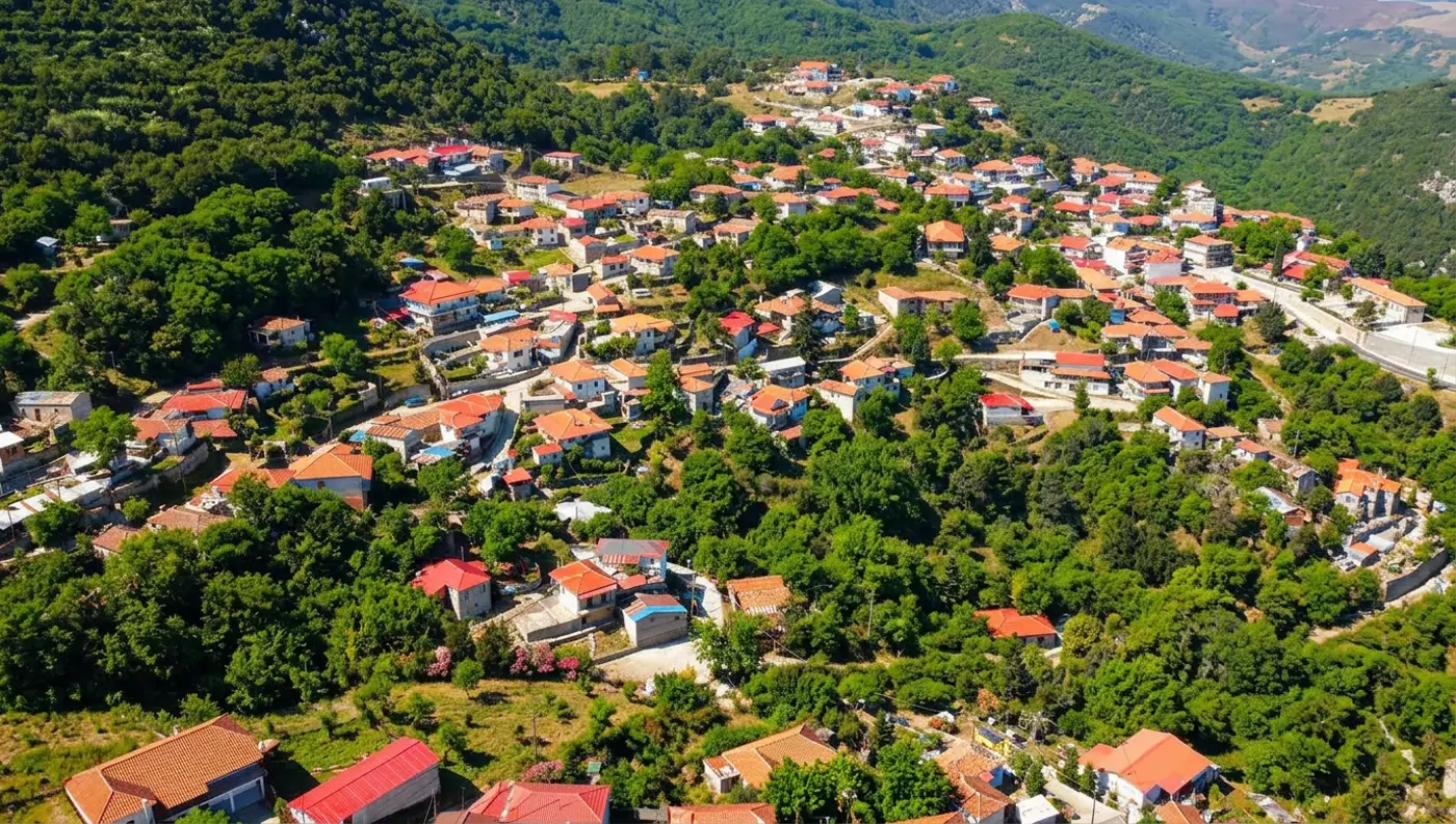Γενική άποψη του ορεινού χωριού Θραψίμι στην Καρδίτσα ανάμεσα σε καταπράσινες πλαγιές.