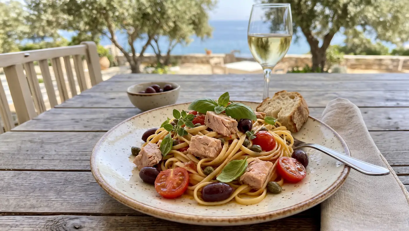 Ένα βαθύ πιάτο με λιγκουίνι ανακατεμένα με πλούσια σάλτσα, μεγάλα κομμάτια τόνου Αλοννήσου, ελιές και ντοματίνια.
