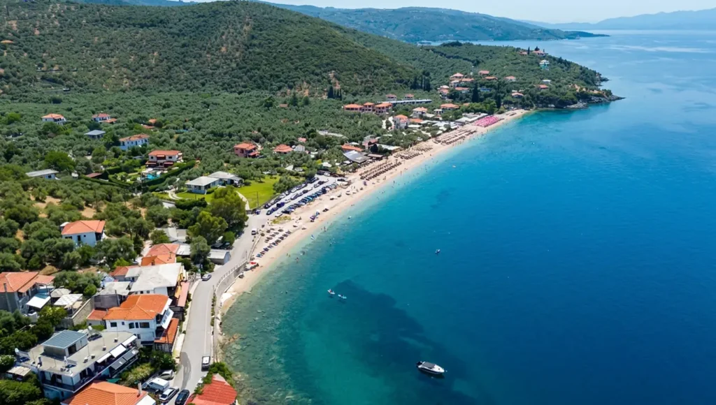 Η Παραλία Αμποβός στην Άφυσσο, γεμάτη με πολύχρωμες ομπρέλες και ξαπλώστρες από τα beach bars, με κόσμο να απολαμβάνει το μπάνιο του στα ρηχά, καθαρά νερά του Παγασητικού.
