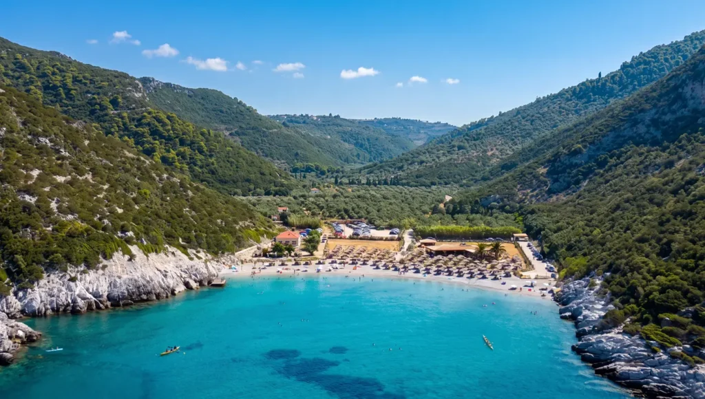 Πανοραμική θέα της παραλίας Γλυστέρι στη Σκόπελο με το πευκοδάσος, τις ξαπλώστρες και τα γαλαζοπράσινα νερά.