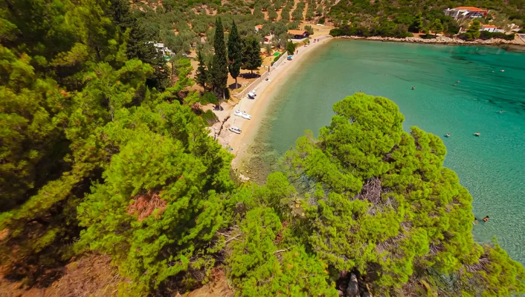 Εναέρια λήψη της παραλίας Τζώρτζης Γιαλός στην Αλόννησο με πεύκα και γαλαζοπράσινα νερά.