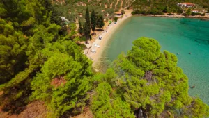Εναέρια λήψη της παραλίας Τζώρτζης Γιαλός στην Αλόννησο με πεύκα και γαλαζοπράσινα νερά.