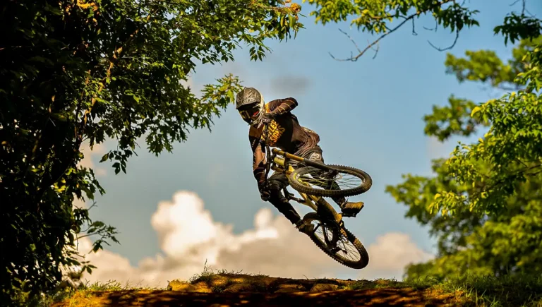 Ποδηλάτης mountain bike σε εντυπωσιακό άλμα με downhill ποδήλατο μέσα στο δάσος του Πηλίου.