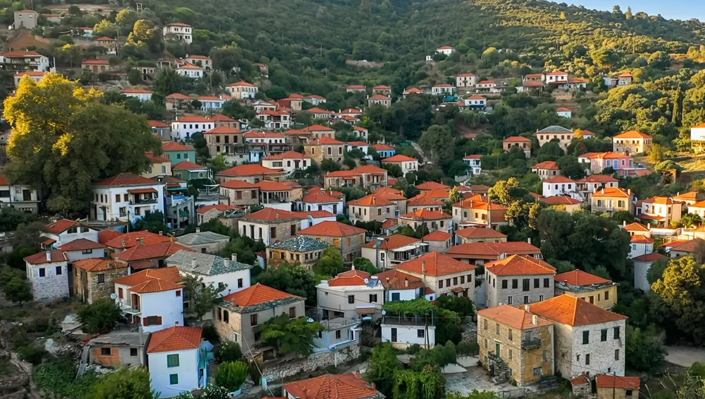 Πανοραμική φωτογραφία του χωριού Προμύρι Νότιο Πήλιο, με τα παραδοσιακά πέτρινα σπίτια και τις κόκκινες κεραμοσκεπές χτισμένα αμφιθεατρικά στην πλαγιά του βουνού, περιτριγυρισμένα από πυκνό πράσινο.