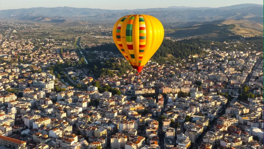 Κίτρινο αερόστατο πετάει ψηλά πάνω από την πόλη των Τρικάλων κατά το Thessaly Balloon Festival.