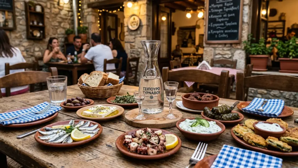 Παραδοσιακό καραφάκι με τσίπουρο και πιάτα με παραδοσιακούς μεζέδες πάνω σε ξύλινο τραπέζι στον Τύρναβο.