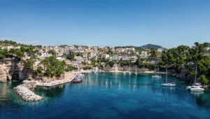 Εναέρια λήψη του κλειστού κόλπου στη Βότση Αλόννησος, με τα ήρεμα νερά, τα σκάφη και τα γραφικά σπίτια.