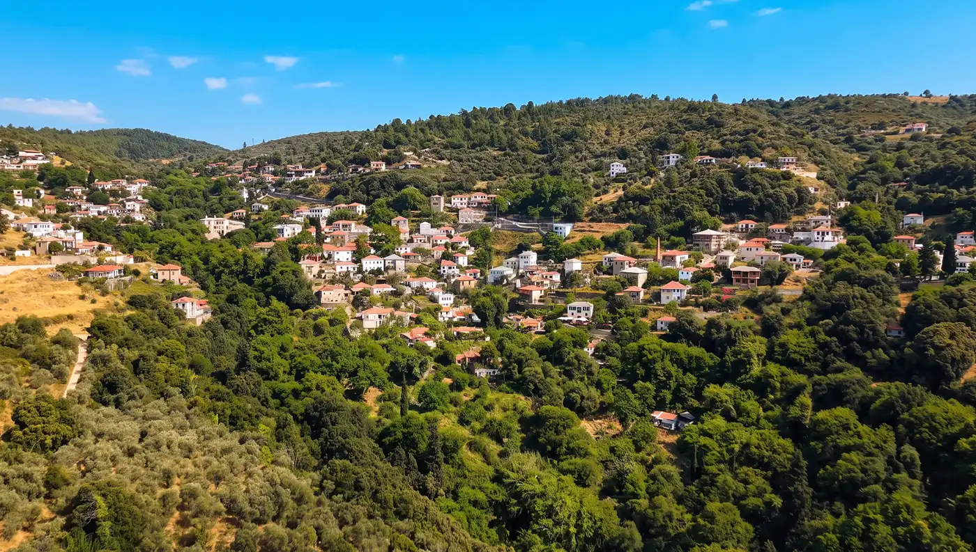 Οι Αφέτες Πηλίου από ψηλά, με τα παραδοσιακά λευκά σπίτια χτισμένα αμφιθεατρικά μέσα στην καταπράσινη φύση.