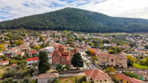 Αεροφωτογραφία από drone που δείχνει το χωριό Δομένικο Ελασσόνας απλωμένο αμφιθεατρικά, με τον Ιερό Ναό Παμμεγίστων Ταξιαρχών στο κέντρο και έναν μεγάλο κατάφυτο λόφο στο βάθος