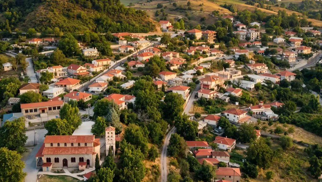 Αεροφωτογραφία που εστιάζει στη μεγάλη πέτρινη εκκλησία με το καμπαναριό στον Κορυδαλλό Τρικάλων, περιτριγυρισμένη από σπίτια και δέντρα