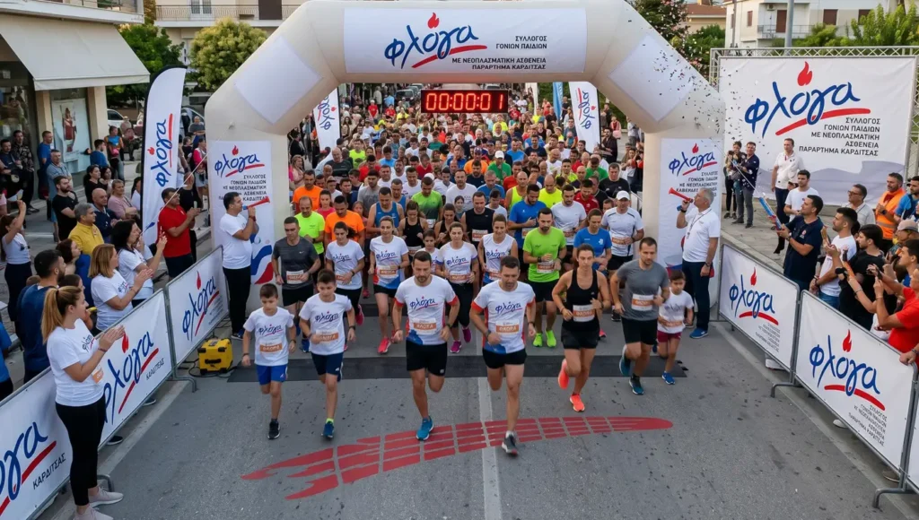 Εκατοντάδες δρομείς κάθε ηλικίας με κόκκινα και λευκά μπλουζάκια στην εκκίνηση του αγώνα Τρέχω με τη ΦΛΟΓΑ στην Καρδίτσα.