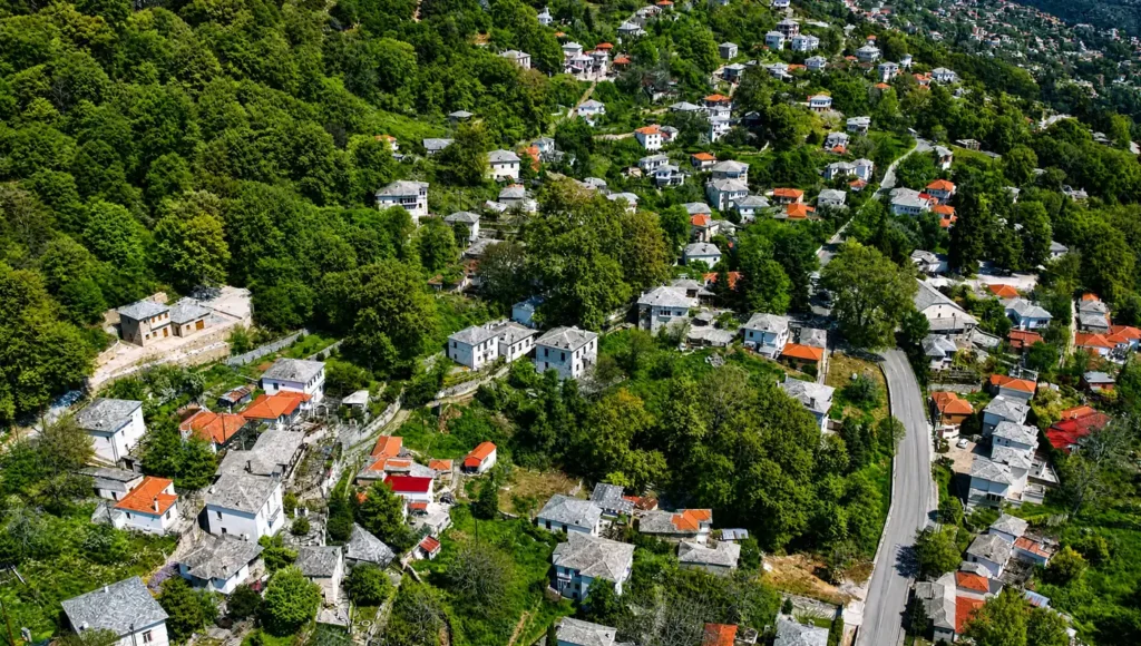 Εναέρια πανοραμική άποψη του παραδοσιακού οικισμού, με τις χαρακτηριστικές γκρίζες πλάκες στις στέγες των σπιτιών ανάμεσα στο δάσος.